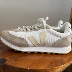 Veja White and Tan Mesh Sneakers